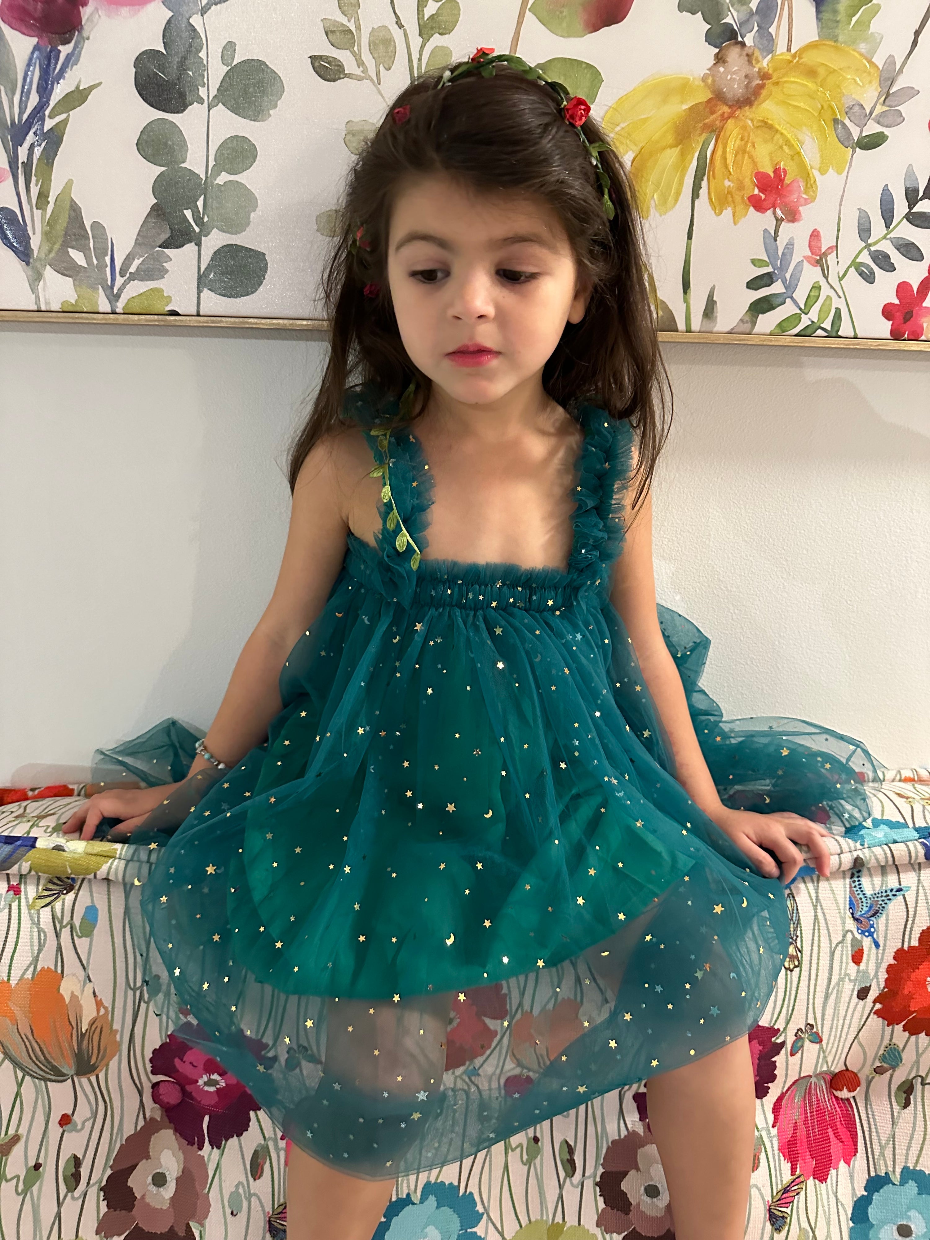 43 - Forest Green Dress with Sparkly Stars & Moons
