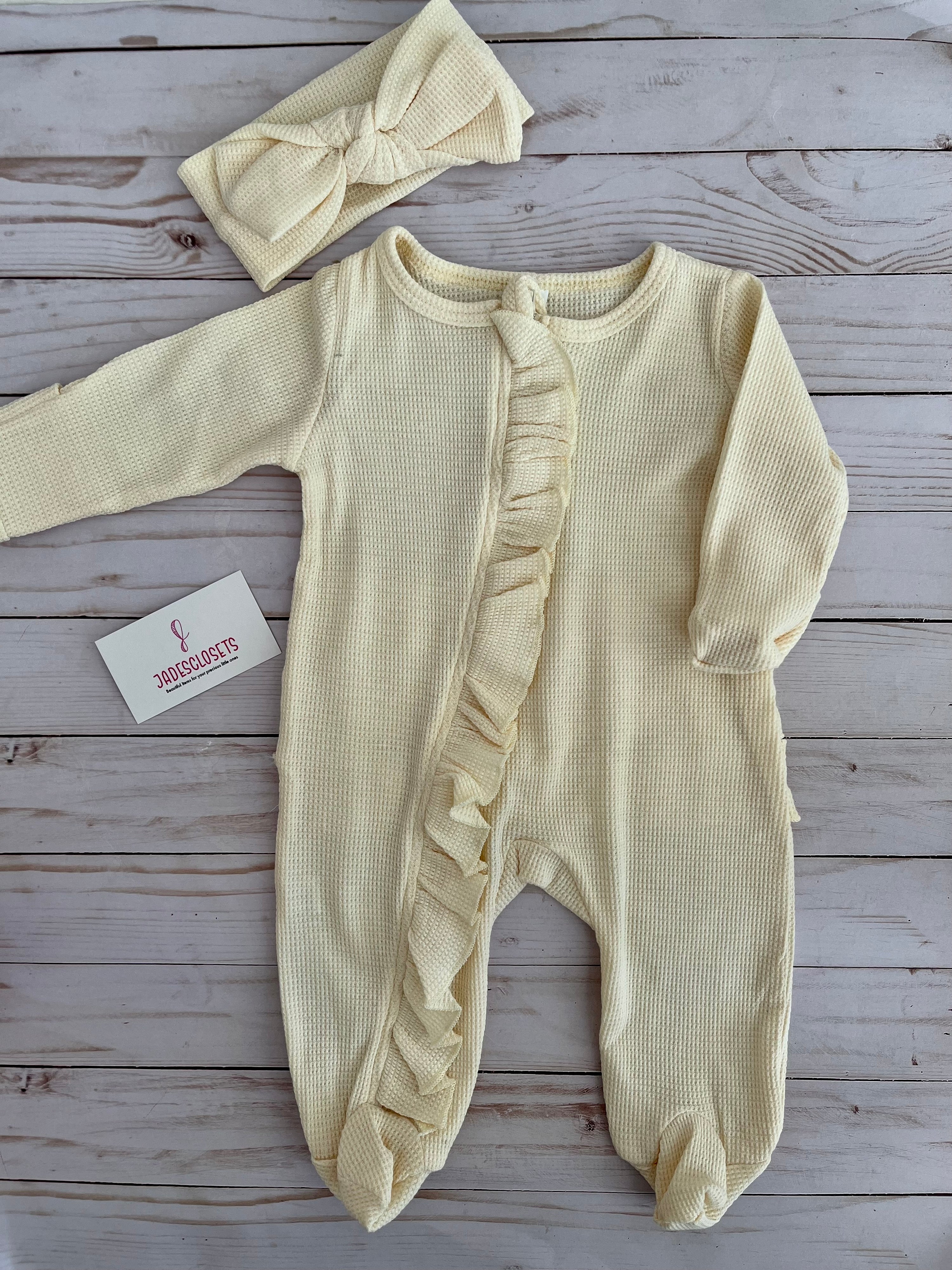 121 - Cream Newborn Pajamas and Bow