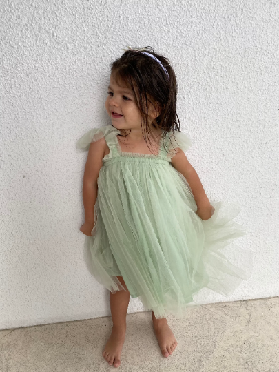 103 - Plain Sage Green Ruffle Sleeves Dress