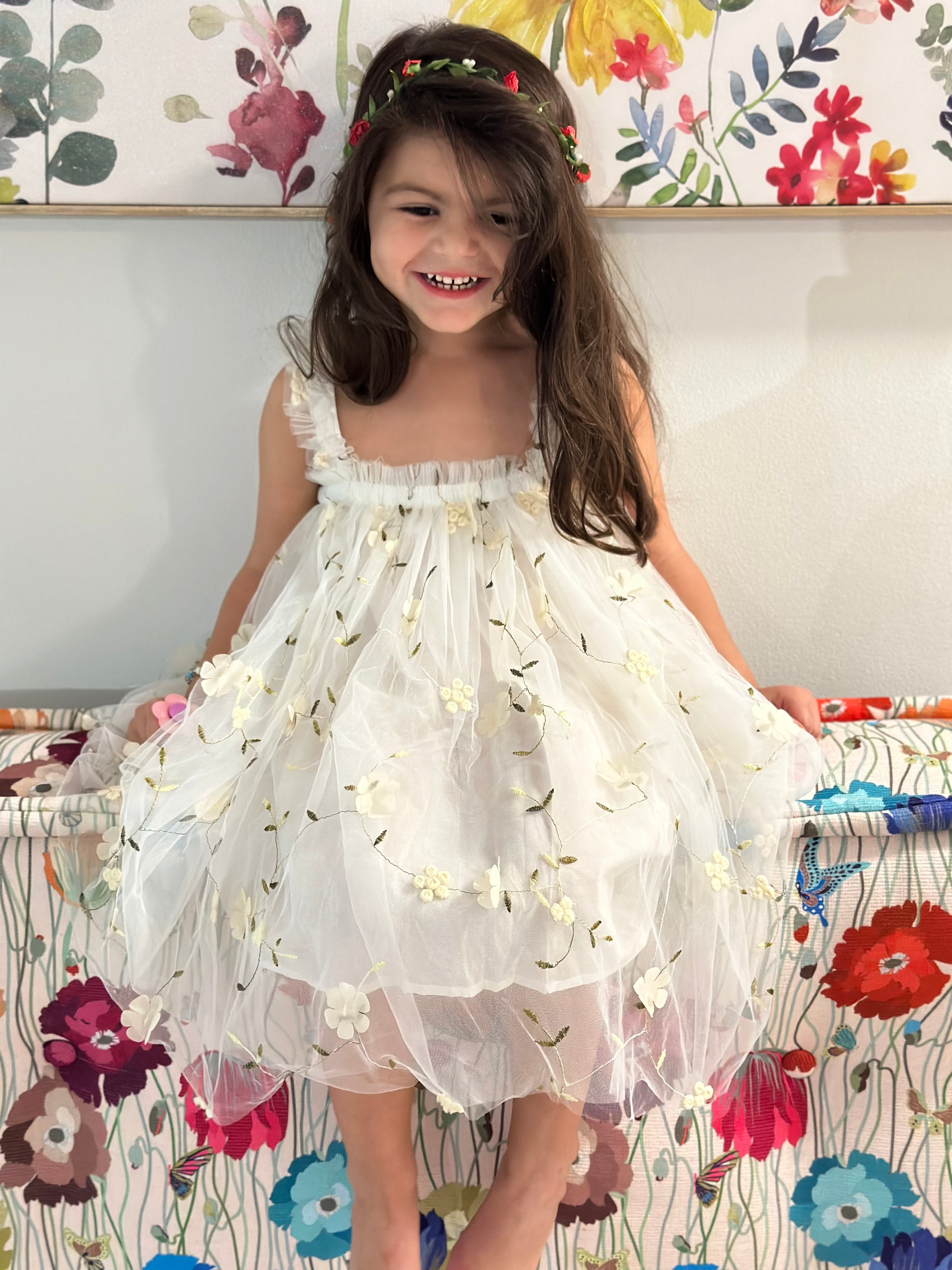 White Tulle Dress with Flowers