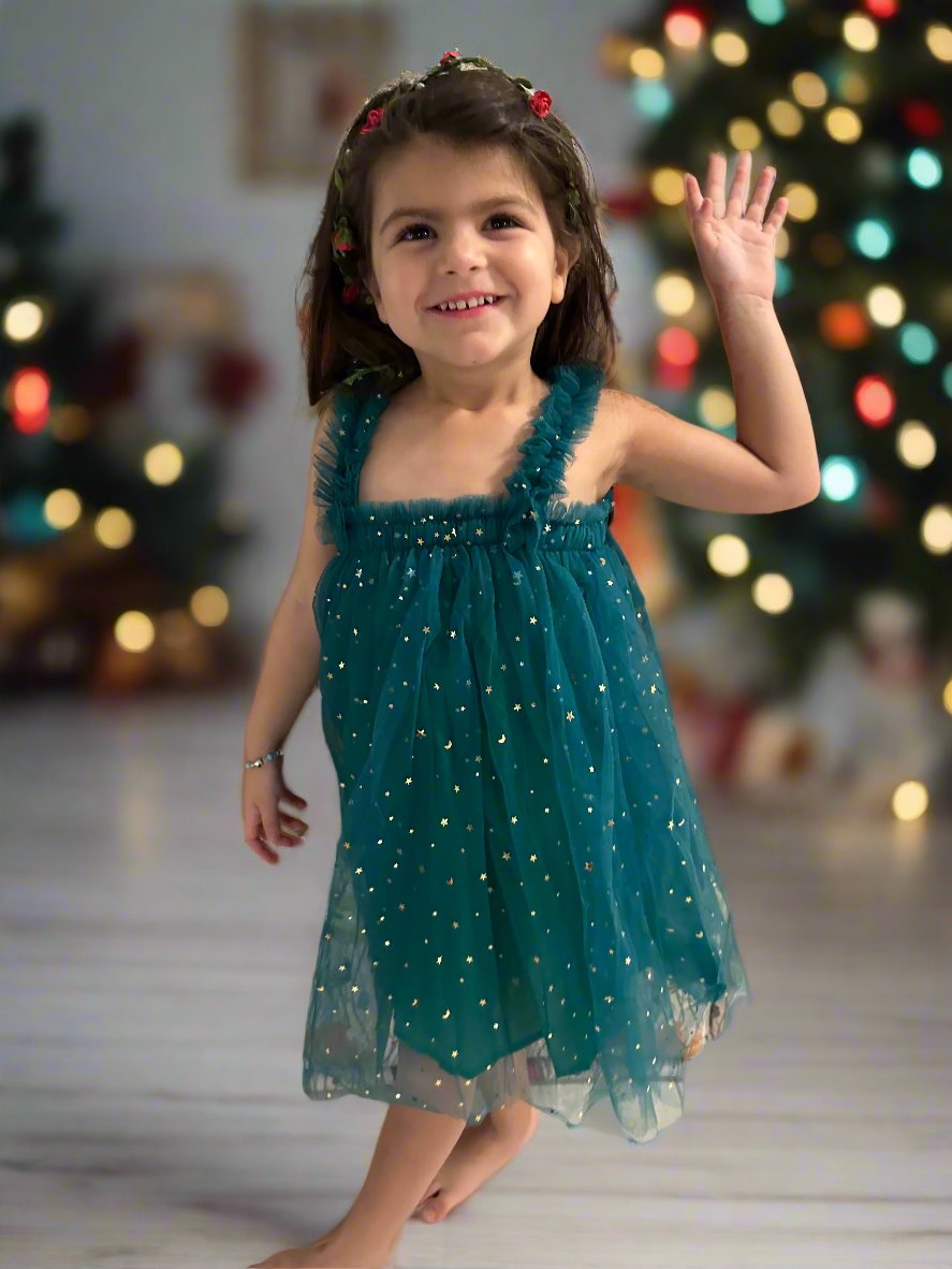 Forest Green Dress with Sparkly Stars & Moons