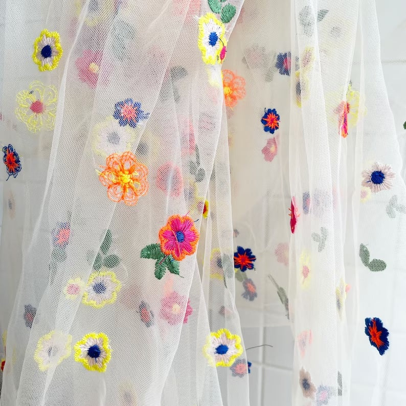 White Tulle Dress with Embroided Colorful Flowers