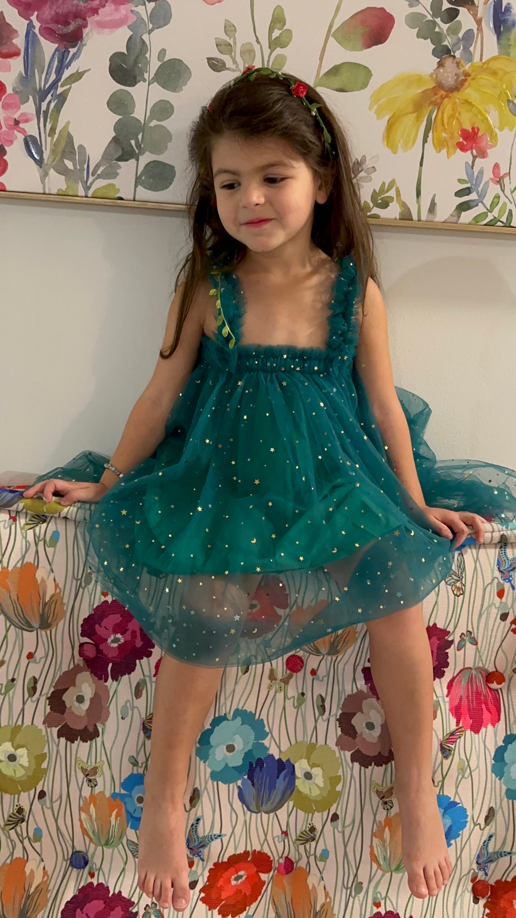 43 - Forest Green Dress with Sparkly Stars & Moons