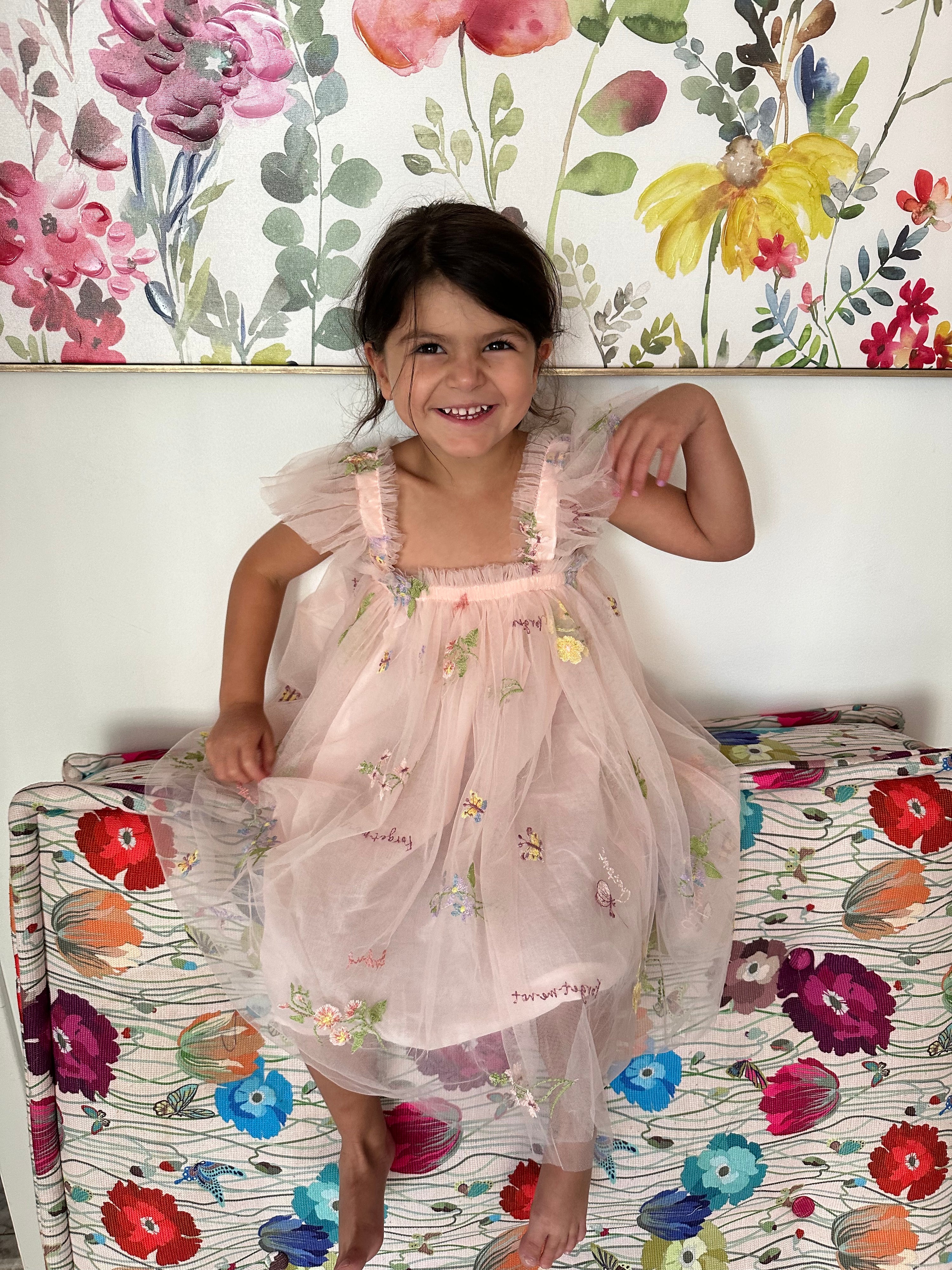 6M - 7 Years - Pink Dress with Flowers and Butterflies with Ruffles Sleeves