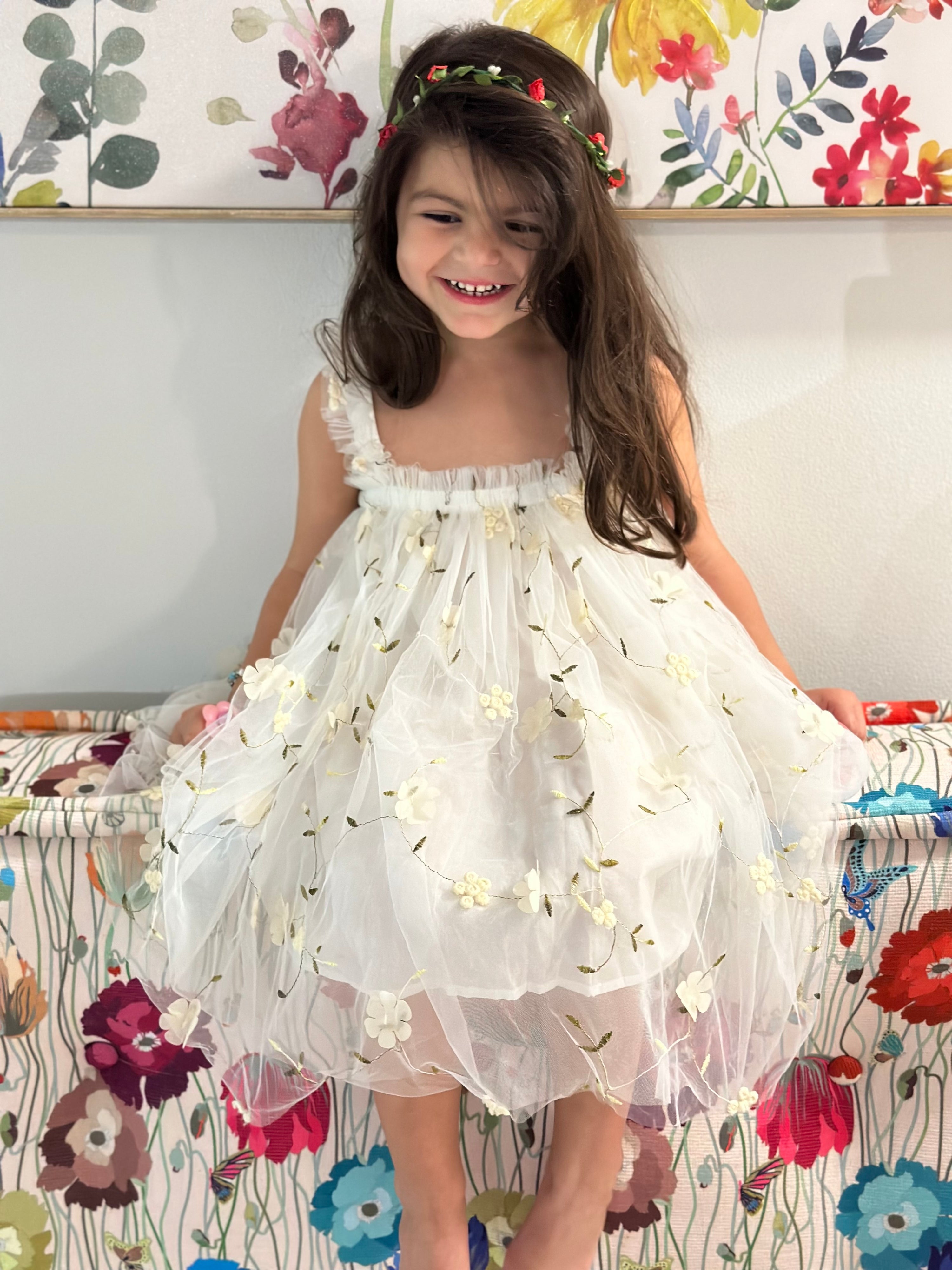 White Tulle Dress with Flowers