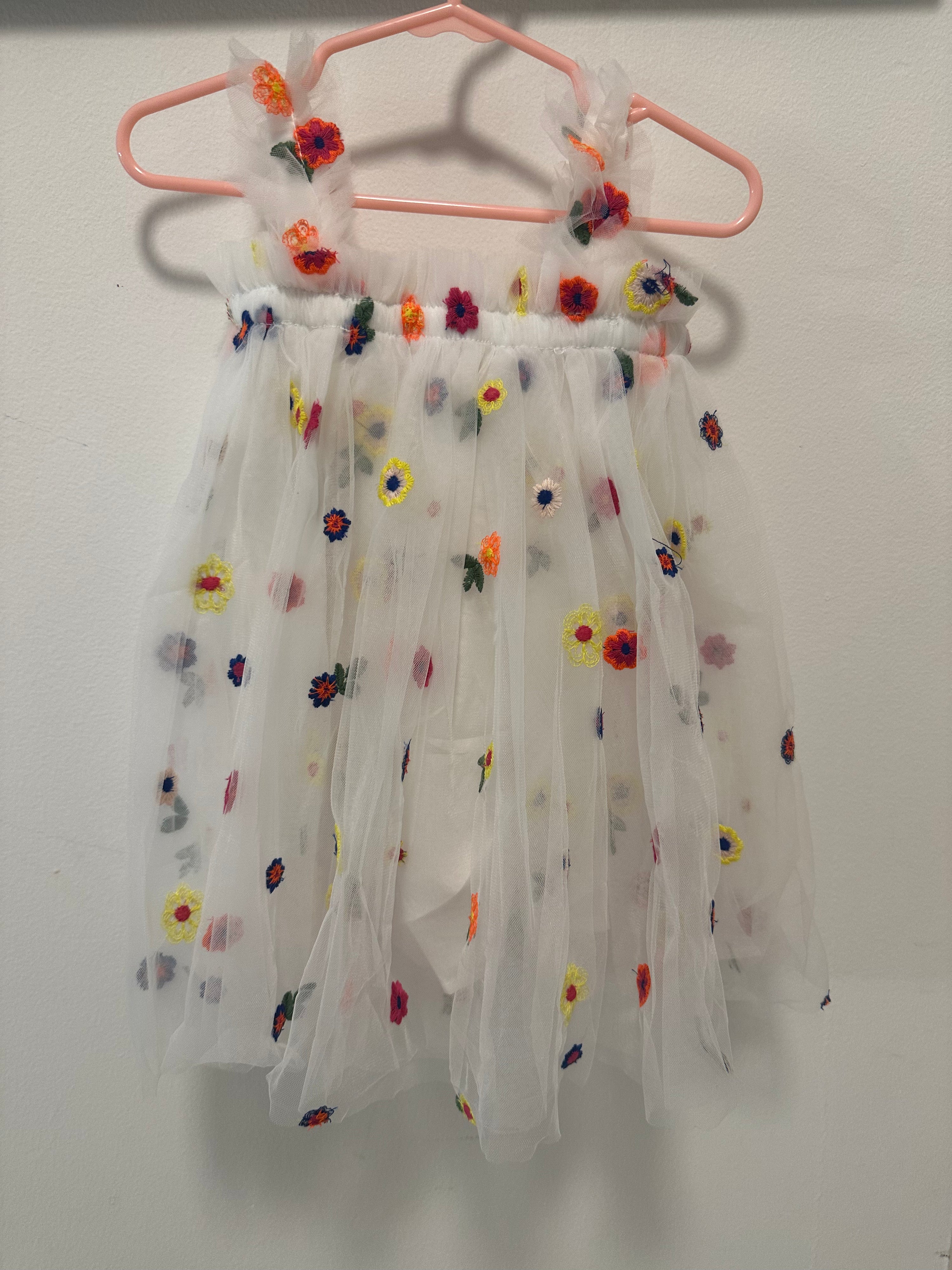 White Tulle Dress with Embroided Colorful Flowers