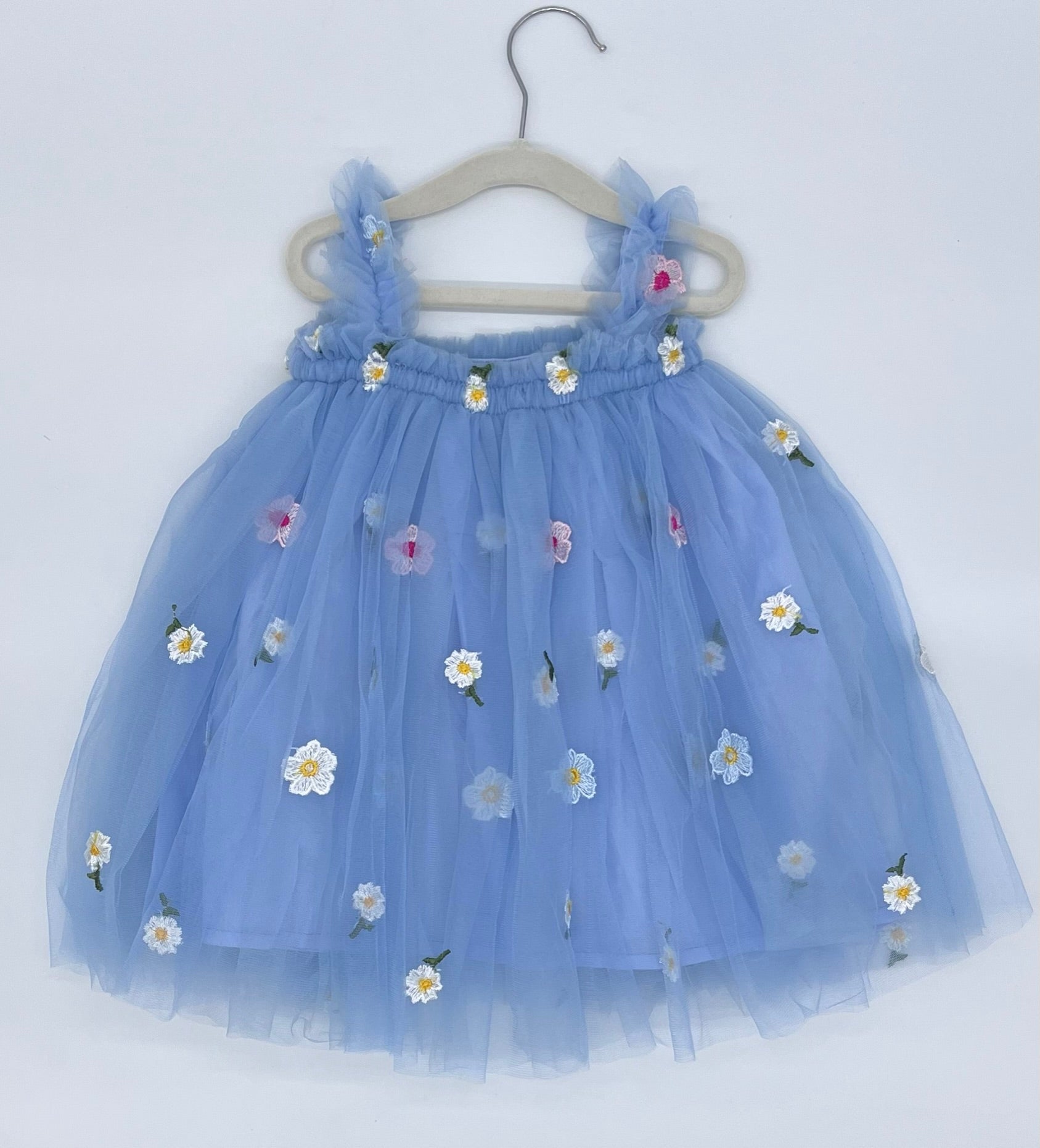Blue Tulle Dress with Embroided Flowers
