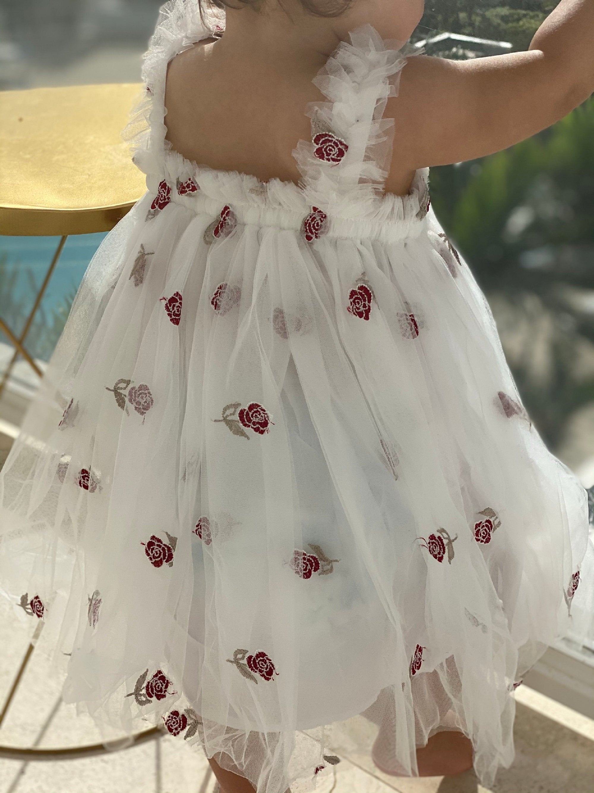 White Tulle Dress with Embroided Roses