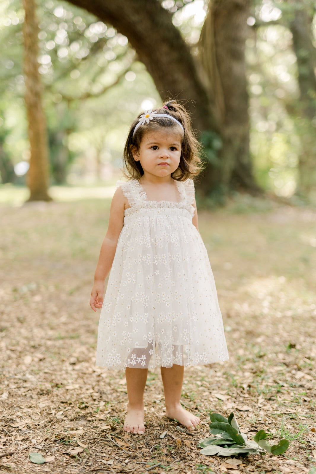 White Tulle Dress with Golden Daisies
